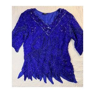 VTG Mark &‎ John II Silk Beaded Sequin Top Sharkbite Hem M Art Deco Fairycore